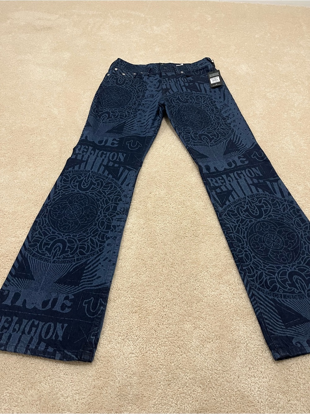 NWT True Religion Stacked Billy Flap Jeans Men’s 34 Blue All Over Print 110055C